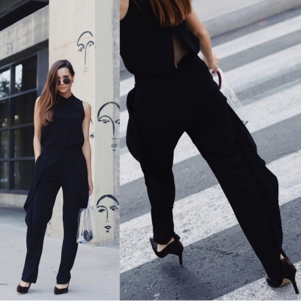 Halston Heritage sleeveless mock neck black ruffled jumpsuit minimalist Sz 0